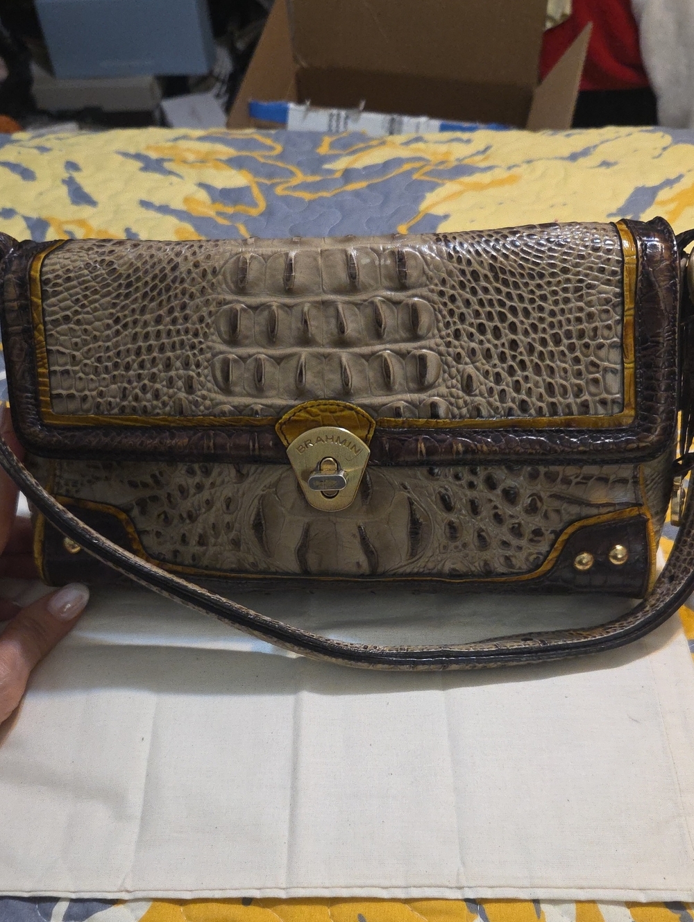 Brahmin Taupe Croc-Embossed Leather Shoulder Bag with Yellow Trim